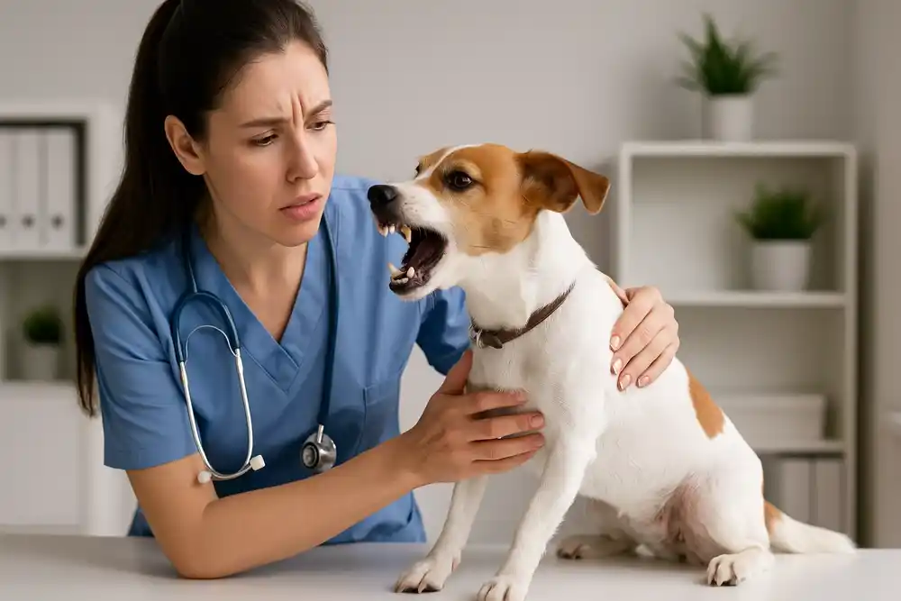 Veterinario atendiendo a un perro nervioso – hay que tratar la ansiedad en perros