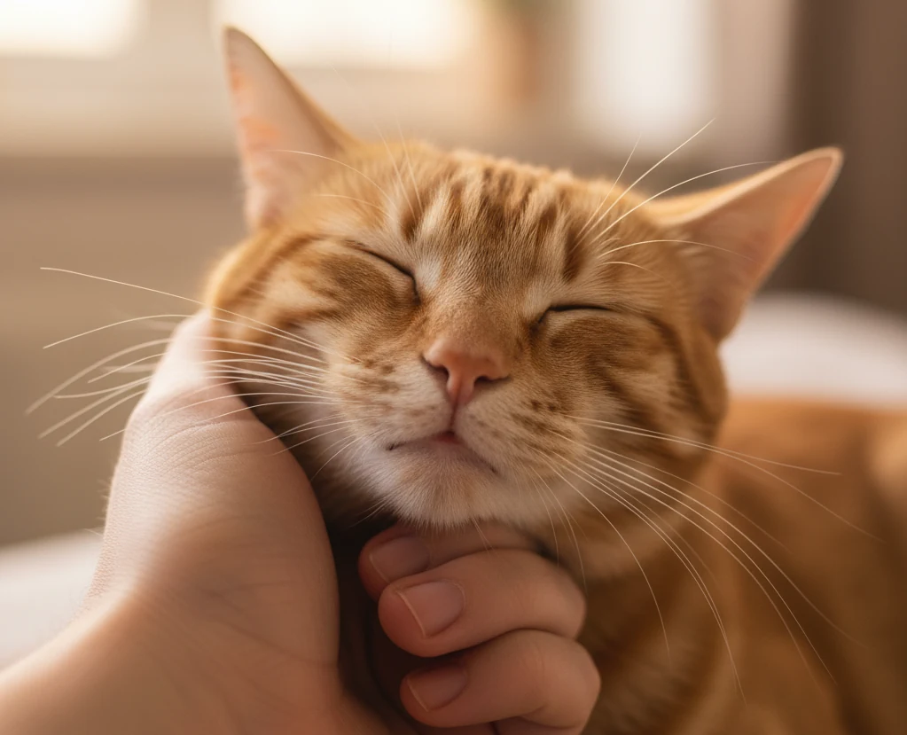 Una persona acaricia correctamente a un gato en las mejillas, una zona segura que ayuda a entender por qué mi gato me muerde en otras zonas.