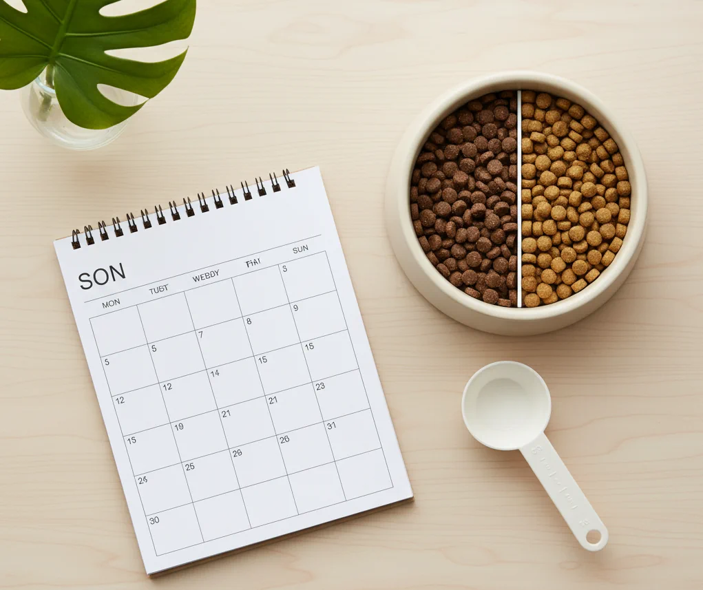 Un calendario mostrando el plan de 7 días para cambiar la comida al perro sin diarrea, con porcentajes.