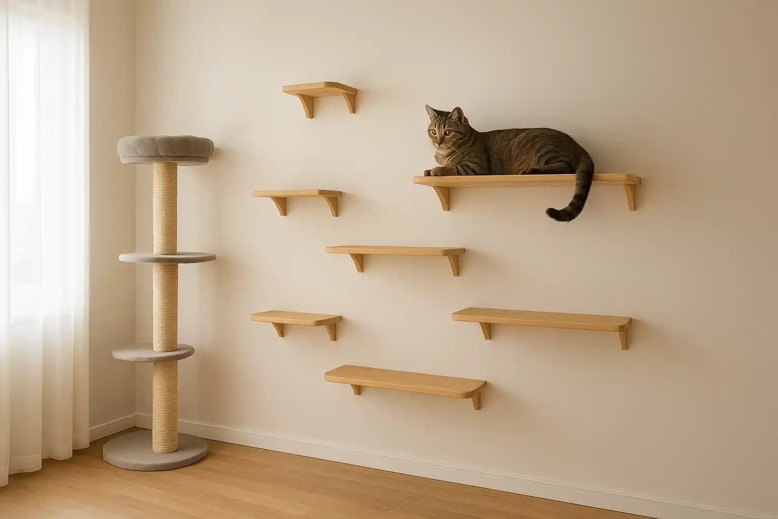Ejemplo de enriquecimiento ambiental en una habitación, con estanterías en la pared y un árbol alto para reducir el estrés en gatos.