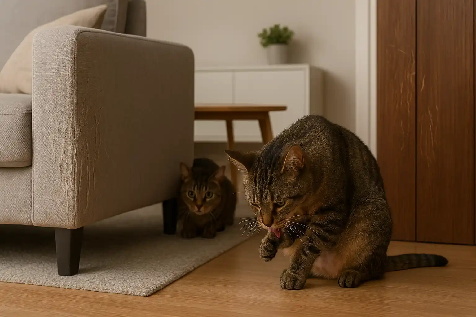 Una habitación con un sofá y marcos de puerta arañados, donde dos gatos muestran claras señales de estrés en gatos, uno escondido y el otro lamiéndose compulsivamente.