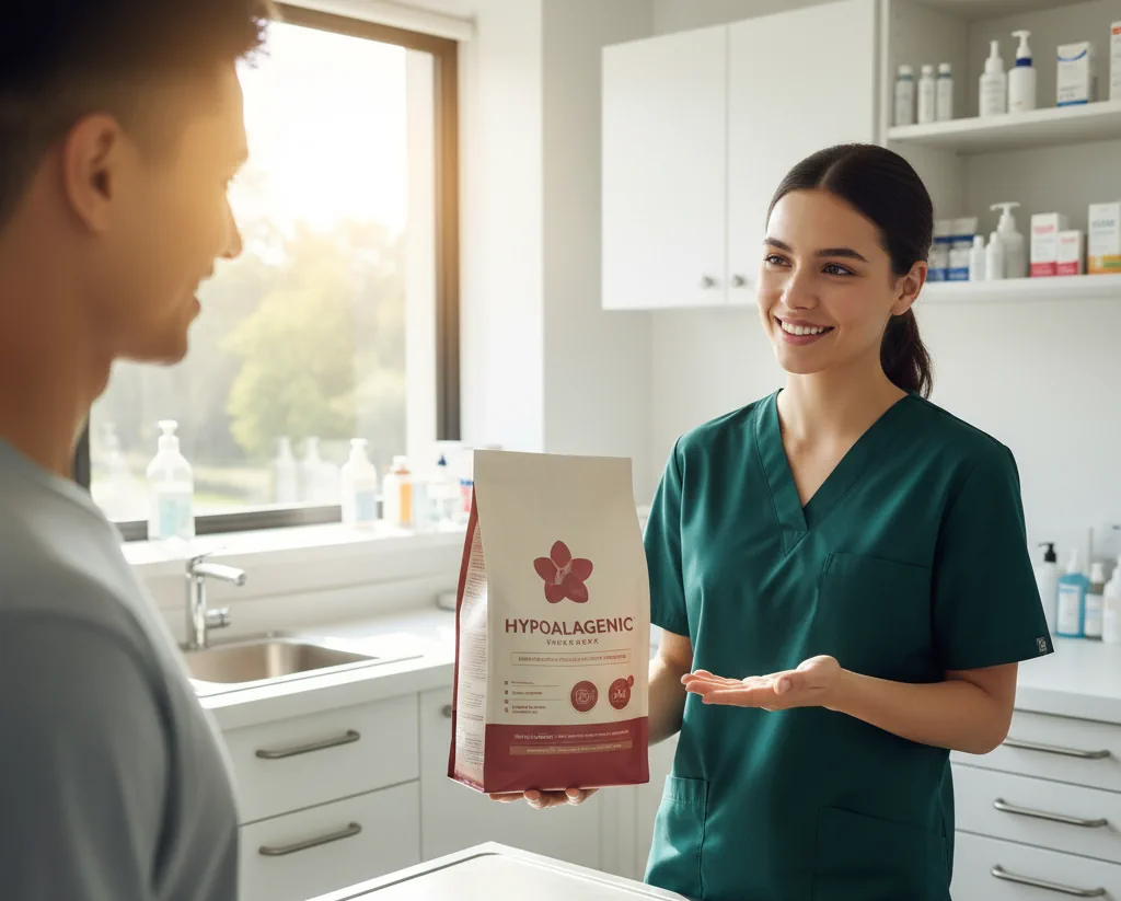 Veterinaria de Bitxos Veterinaris explicando a un tutor cómo cambiar la comida al perro que sufre alergias.