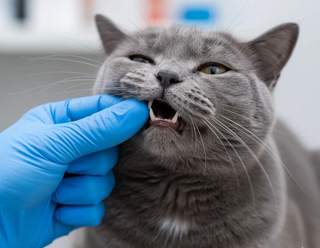 Primer plano de una veterinaria revisando los dientes de un gato para descartar dolor, una razón de por qué mi gato me muerde.