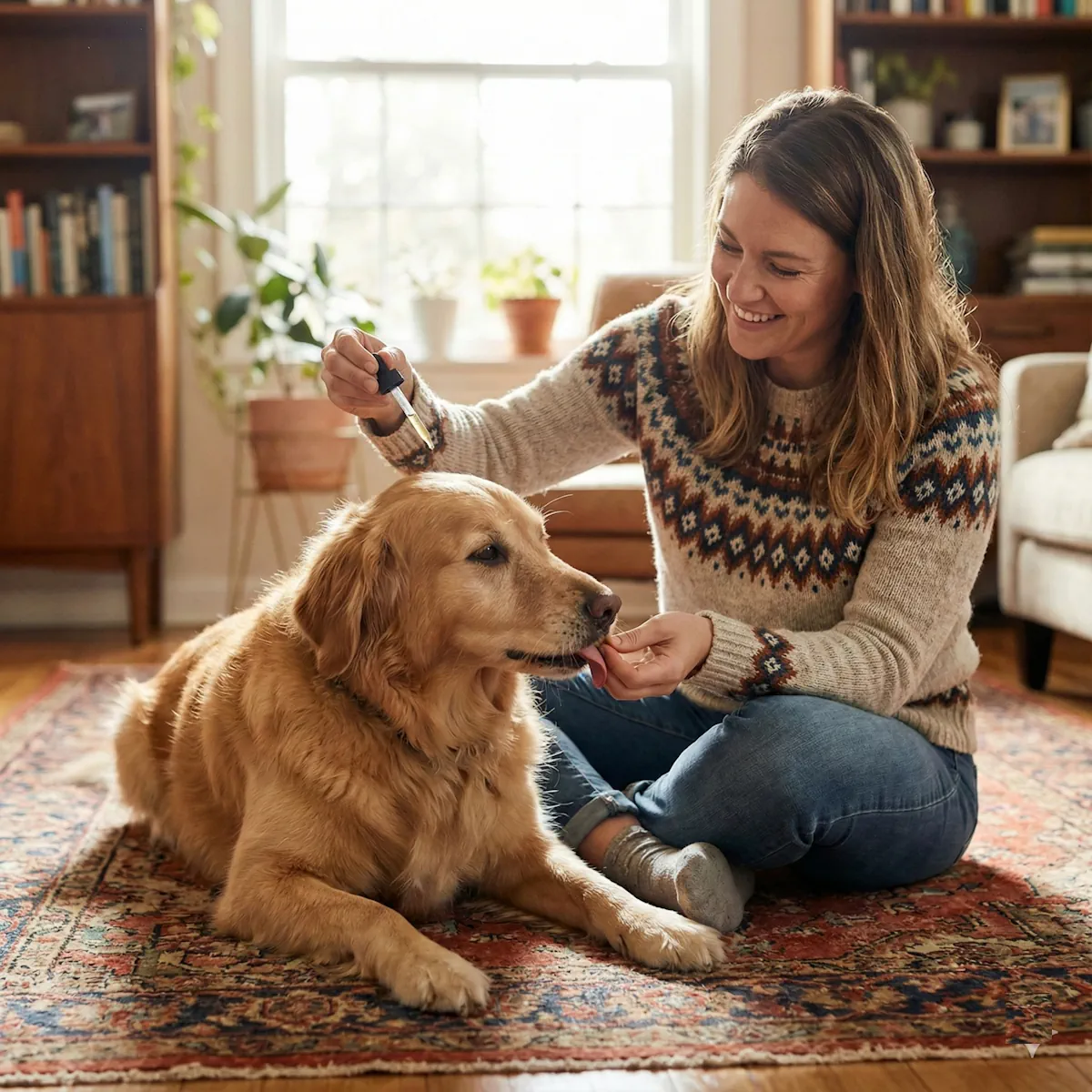 Dueño aplicando tratamiento para prevenir pulgas y garrapatas en perros y gatos