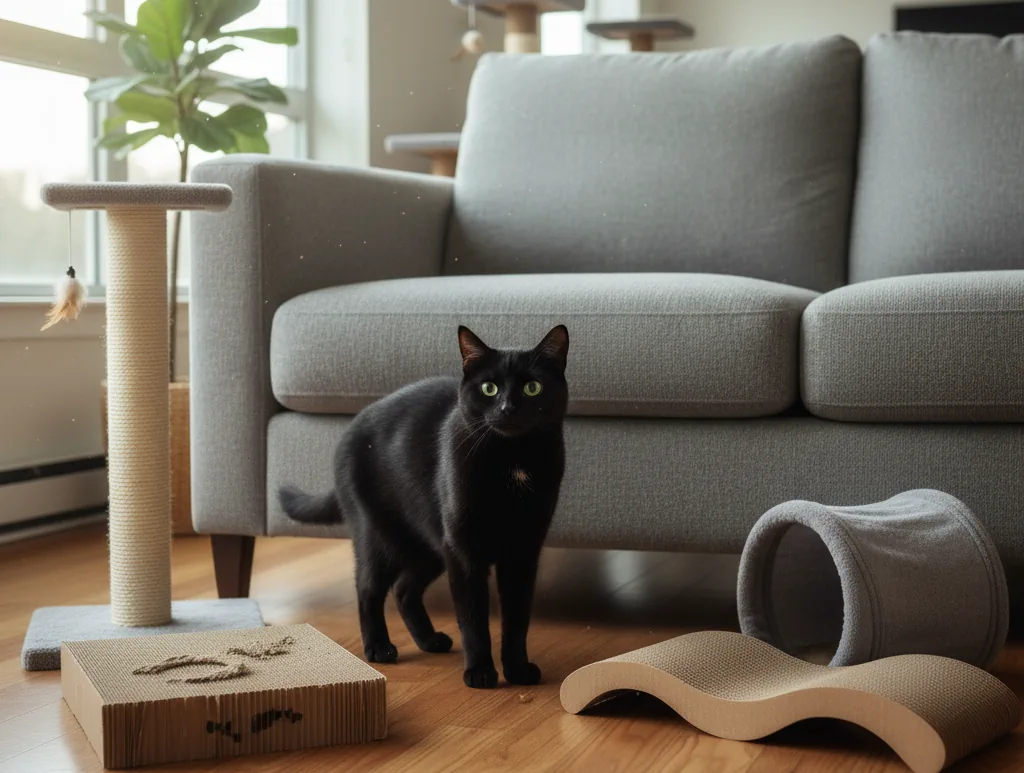 Diferentes tipos de rascadores para solucionar el problema de un gato no usa rascador, mostrando vertical de sisal y horizontal de cartón. 