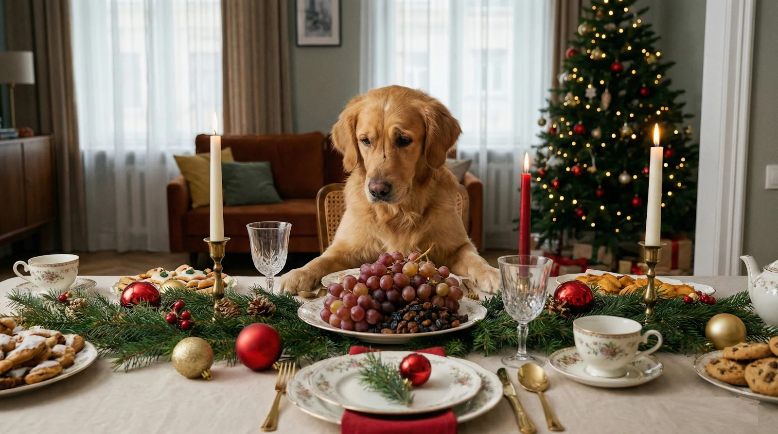 Un perro labrador mirando un racimo de uvas en la mesa, preguntándose qué pasa si mi perro come uvas y el riesgo.