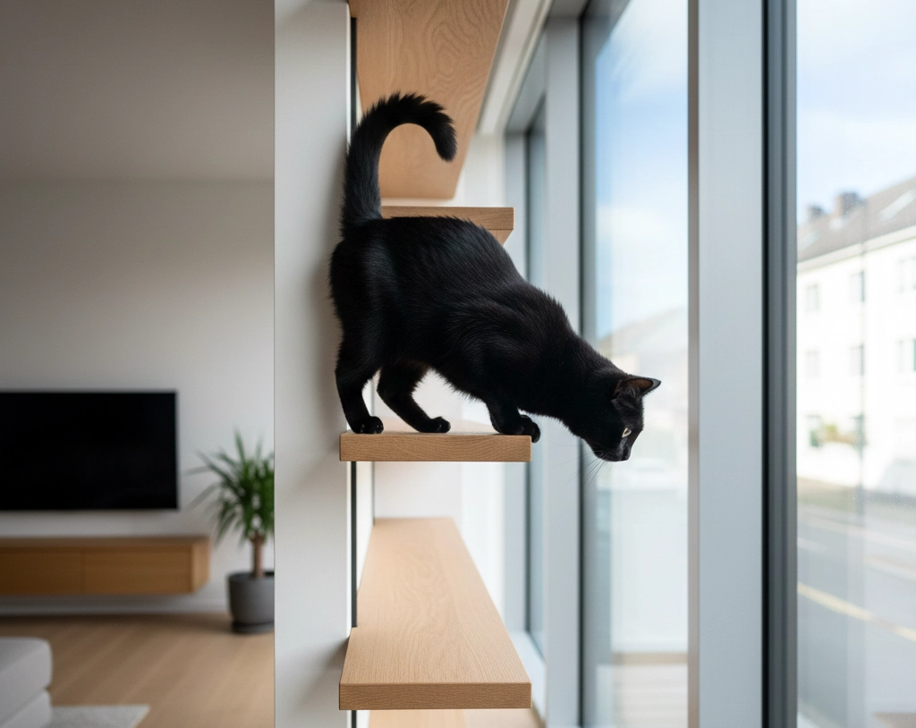 Gato observando la calle desde una estantería alta junto a la ventana, ejemplo de enriquecimiento ambiental para gatos estructural y visual.