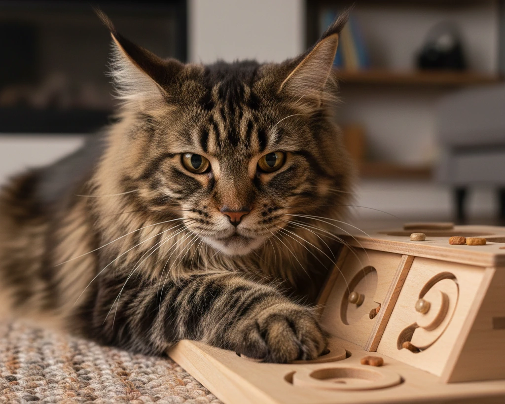 Gato concentrado usando un comedero tipo puzzle para obtener comida, fomentando el enriquecimiento ambiental para gatos y su salud mental.