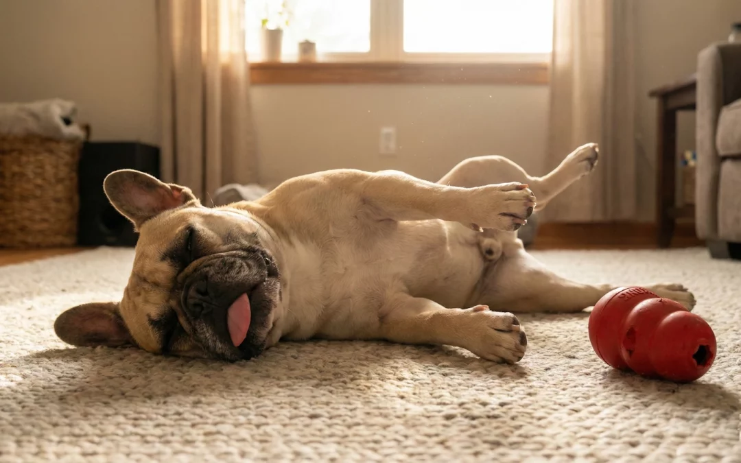 Perro relajado usando un Kong, técnica efectiva sobre cómo cansar a un perro en casa.