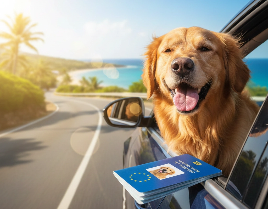 Perro feliz asomado al coche con su pasaporte para perros listo para viajar desde Cataluña.