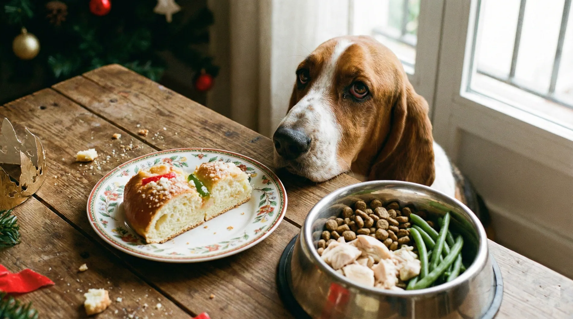 Un perro mirando con "cara de pena" un trozo de Roscón o comida navideña, pero con un plato de comida saludable al lado. Su dueño pensará: mi perro ha engordado qué hago tras la Navidad.