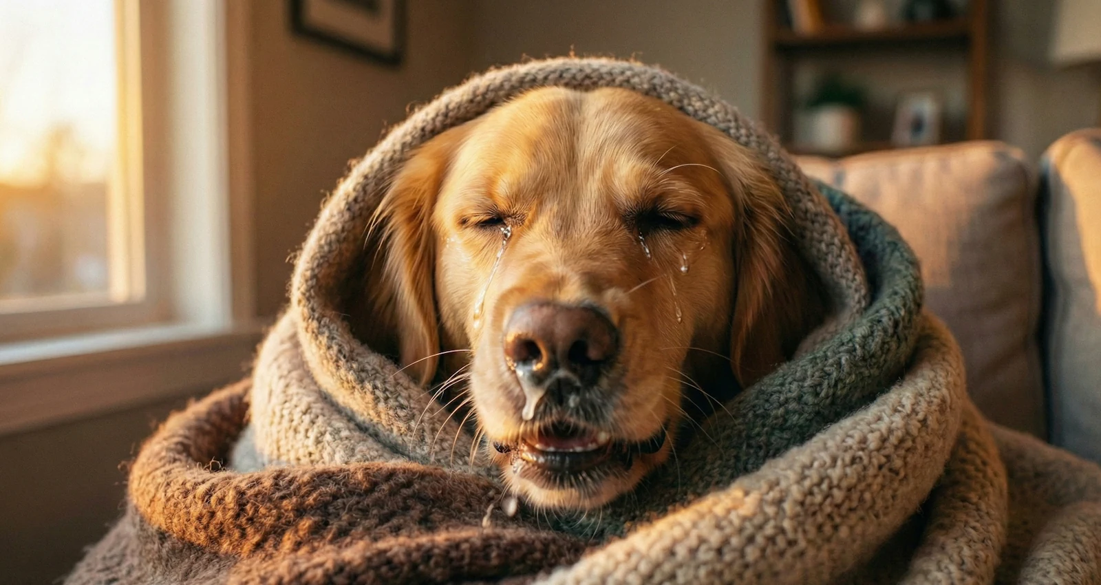 Perro con cara de pena exagerada envuelto en muchas mantas sufriendo un resfriado en perros