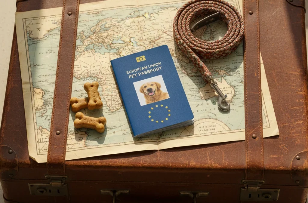 Documento oficial del pasaporte para perros de la Unión Europea y accesorios de viaje.