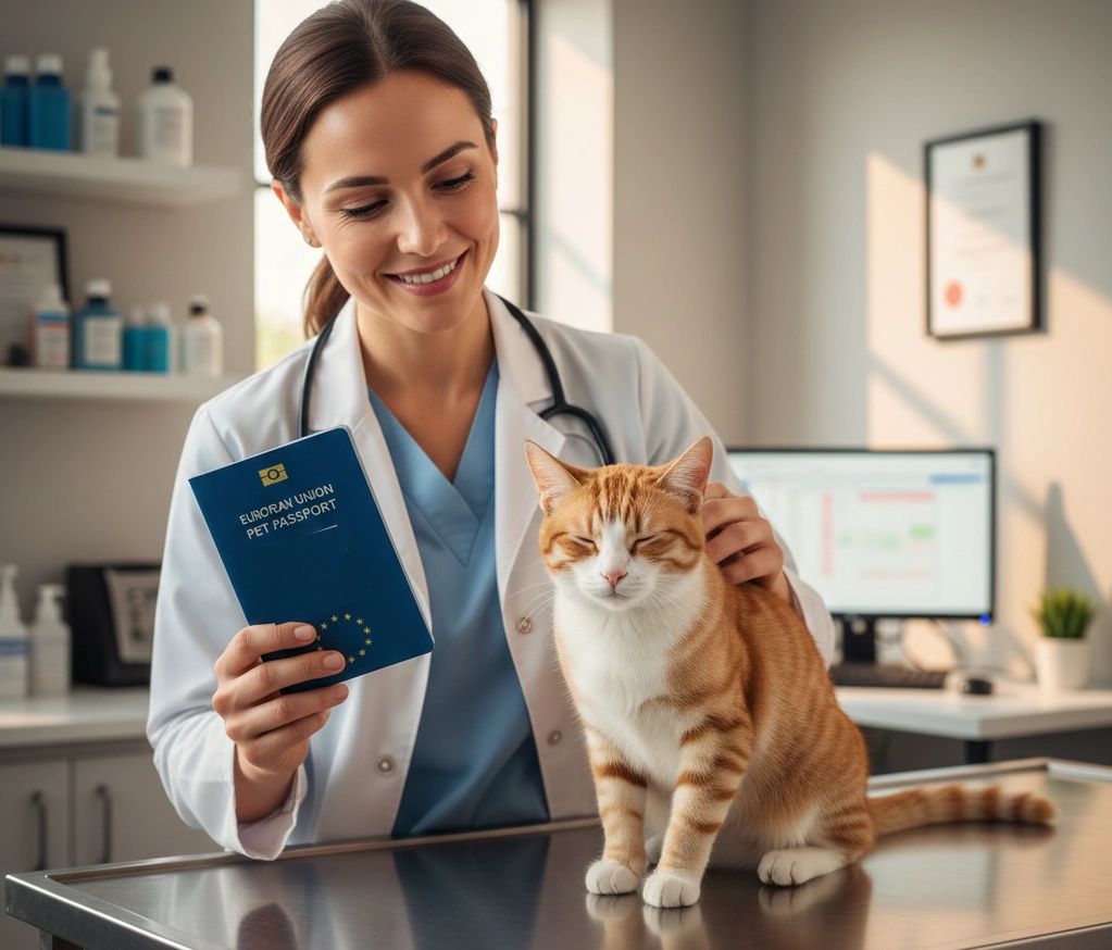 Veterinaria tramitando el pasaporte para perros y gatos en consulta clínica