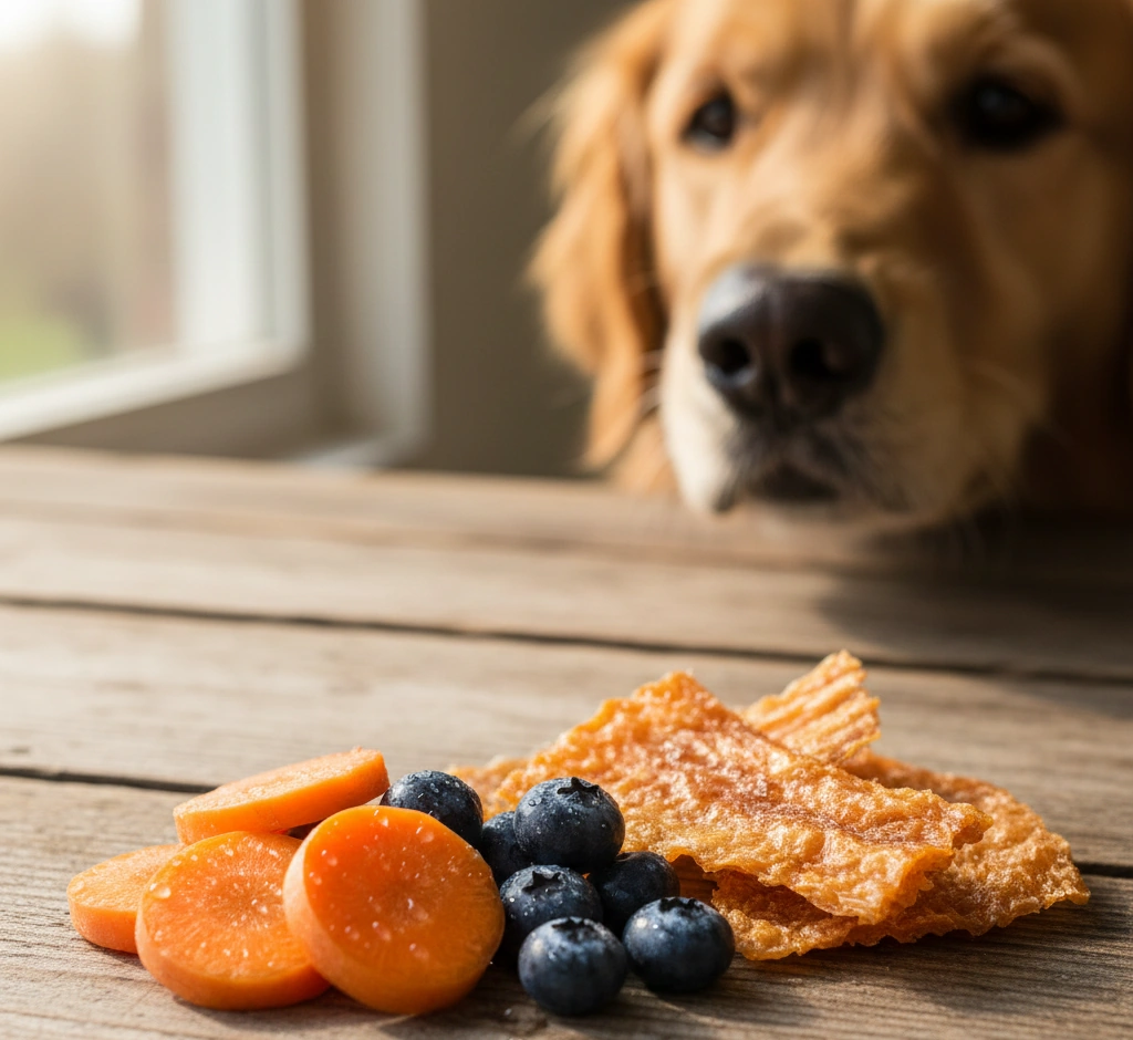 Selección de frutas y snacks de salmón como premios saludables para perros. 