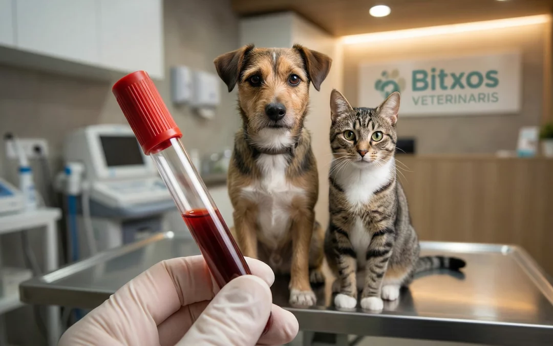 Primer plano de un tubo de ensayo con muestra biológica frente a un perro y un gato sanos en la clínica, destacando la importancia del Análisis de sangre para perros y gatos: precio de campaña.