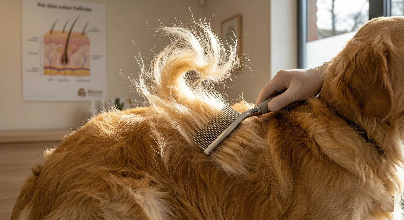 Primer plano de un cepillo especial eliminando un torbellino de pelos muertos durante la muda de pelos en perros y gatos.