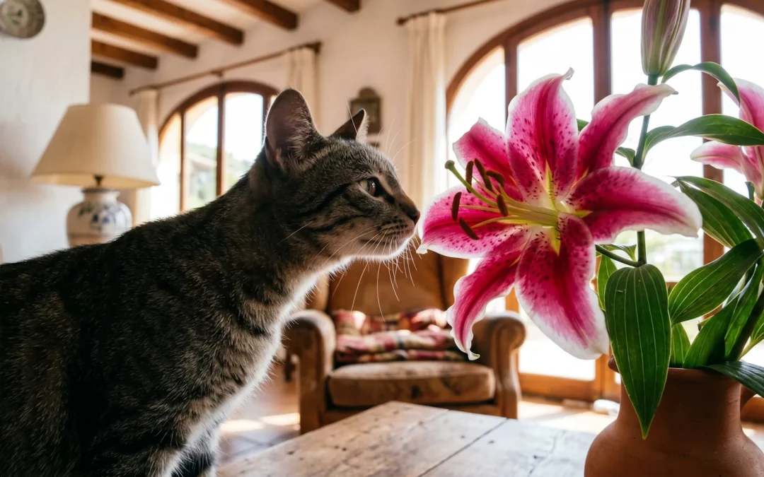 Gato acercándose a una de las plantas tóxicas para gatos más peligrosas en un hogar