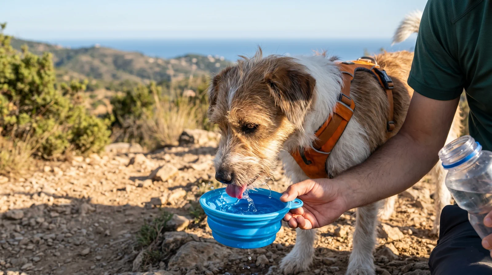 Hidratación esencial y control con arnés durante las exigentes Rutas con perros por Alella.