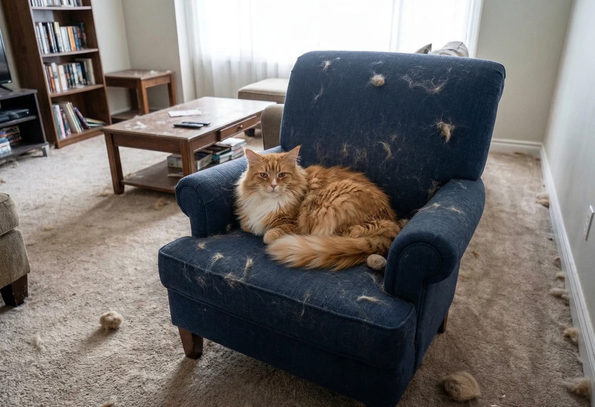 Un gato tabby sentado sobre un sillón rodeado de bolas de pelo, ilustrando la abrumadora muda de pelos en perros y gatos.