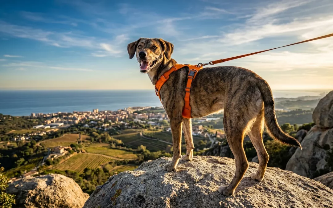 Un perro aventurero disfrutando de las imponentes vistas del Maresme en las Rutas con perros por Alella.