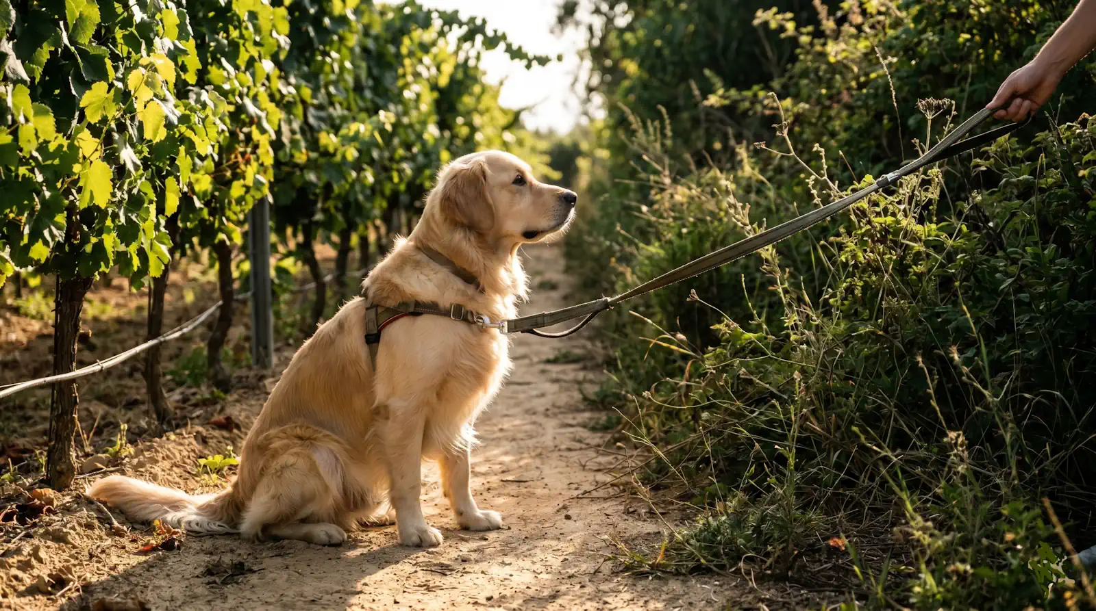 Un perro atado con correa larga observa con nostalgia la naturaleza mientras respeta el camino en las Rutas con perros por Alella.