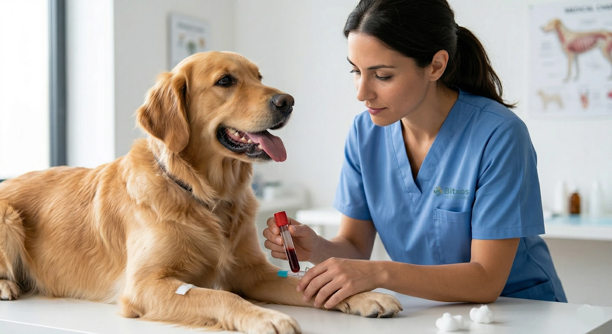Veterinaria de Bitxos realizando una extracción de sangre preventiva a un perro relajado para su Análisis de sangre para perros y gatos: precio especial de abril.