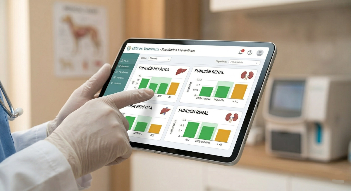 Tablet mostrando resultados gráficos claros y una valoración experta tras realizar el Análisis de sangre para perros y gatos: precio en nuestro centro de Alella.