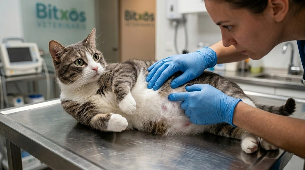Exploración clínica en Bitxos cuando mi gato tiene la barriga hinchada, mostrando la palpación profunda de un vientre tenso por una veterinaria de Bitxos Veterinaris.