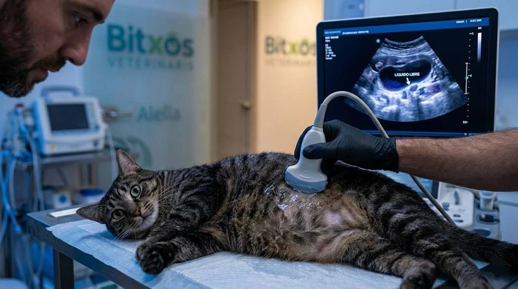 Ecografía de urgencia para diagnosticar por qué mi gato tiene la barriga hinchada de forma repentina, con una pantalla que resalta exageradamente los cúmulos de líquido.