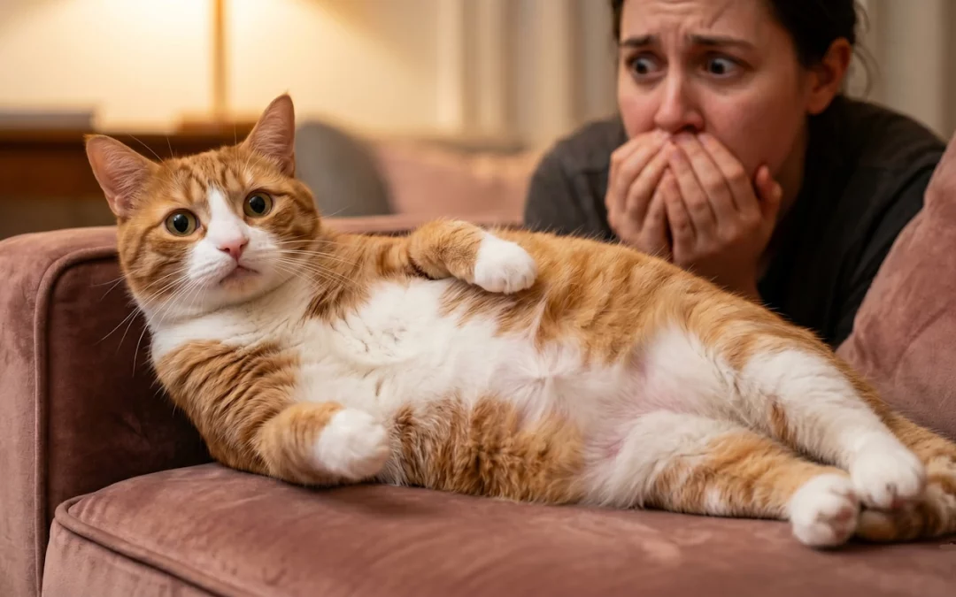 Dueño observando preocupado por qué mi gato tiene la barriga hinchada en casa, con una expresión de pánico y una distensión abdominal enormemente más grande y tensa.