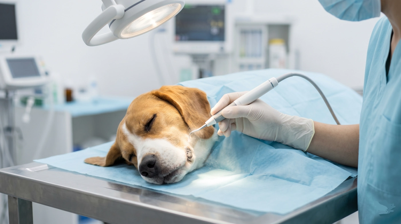 Veterinaria realizando una limpieza dental para perros con equipo de ultrasonidos