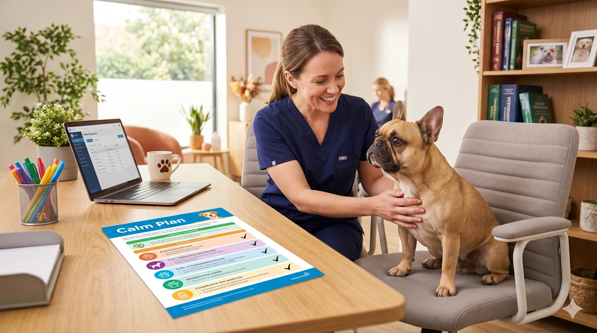 Veterinaria en una consulta luminosa explicando pautas médicas para controlar el miedo a los petardos en perros.
