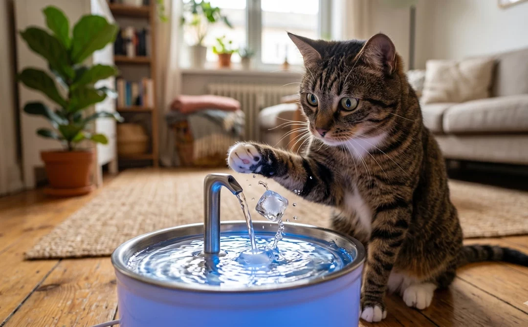 Fuente de agua interactiva como estrategia clave sobre cómo refrescar a un gato en verano.