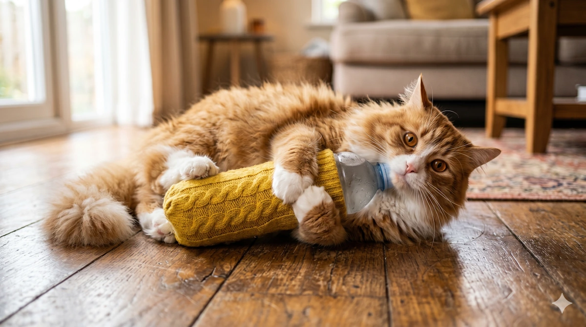 Truco casero sobre cómo refrescar a un gato en verano usando una botella de agua congelada envuelta.