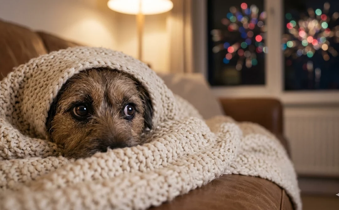 Un adorable perro escondido bajo una manta en el sofá sufriendo por el miedo a los petardos en perros.
