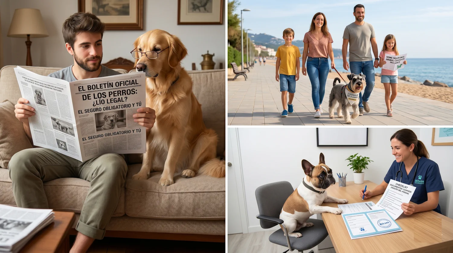 Dueño y mascota informándose con tranquilidad sobre el seguro obligatorio para perros en Cataluña.