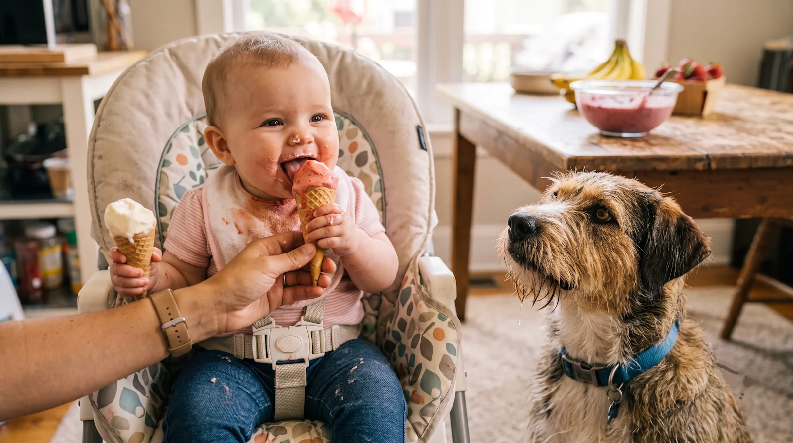 bebé y perro con helados caseros para perros