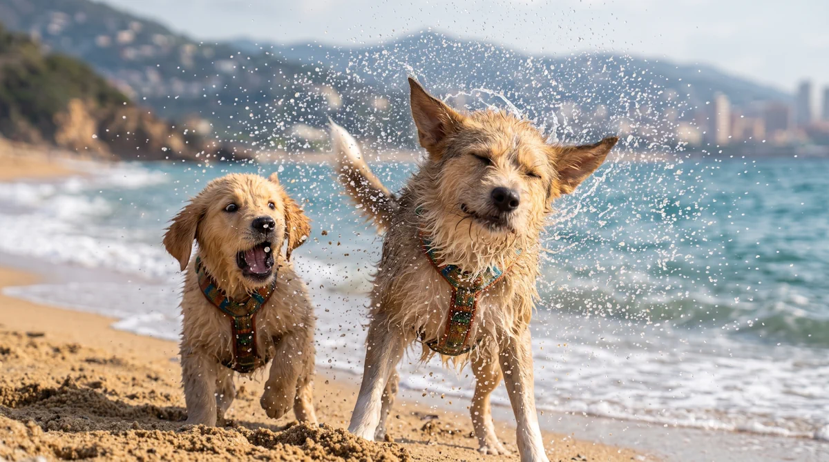 Dos perros jugando y corriendo en una de las playas para perros en el Maresme