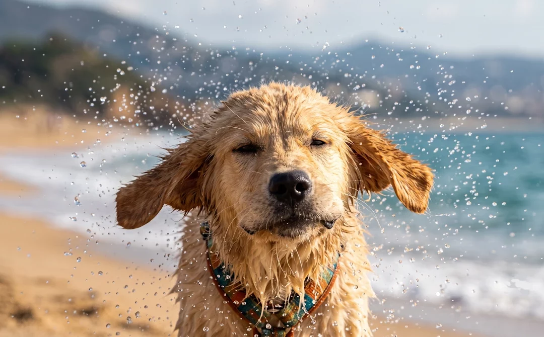Perro feliz corriendo saliendo del agua en una de las playas para perros en el Maresme