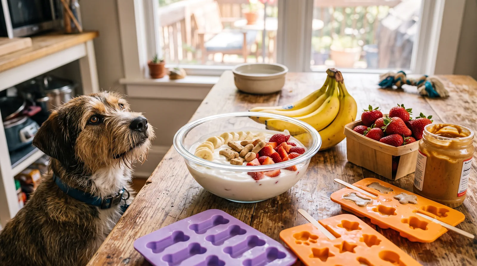 Ingredientes naturales listos para batir y congelar helados caseros para perros sobre una mesa