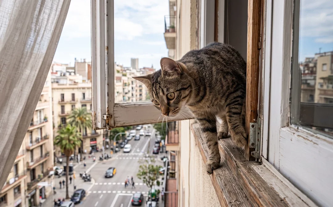 Gato asomado a una ventana abierta con riesgo de sufrir el síndrome del gato paracaidista