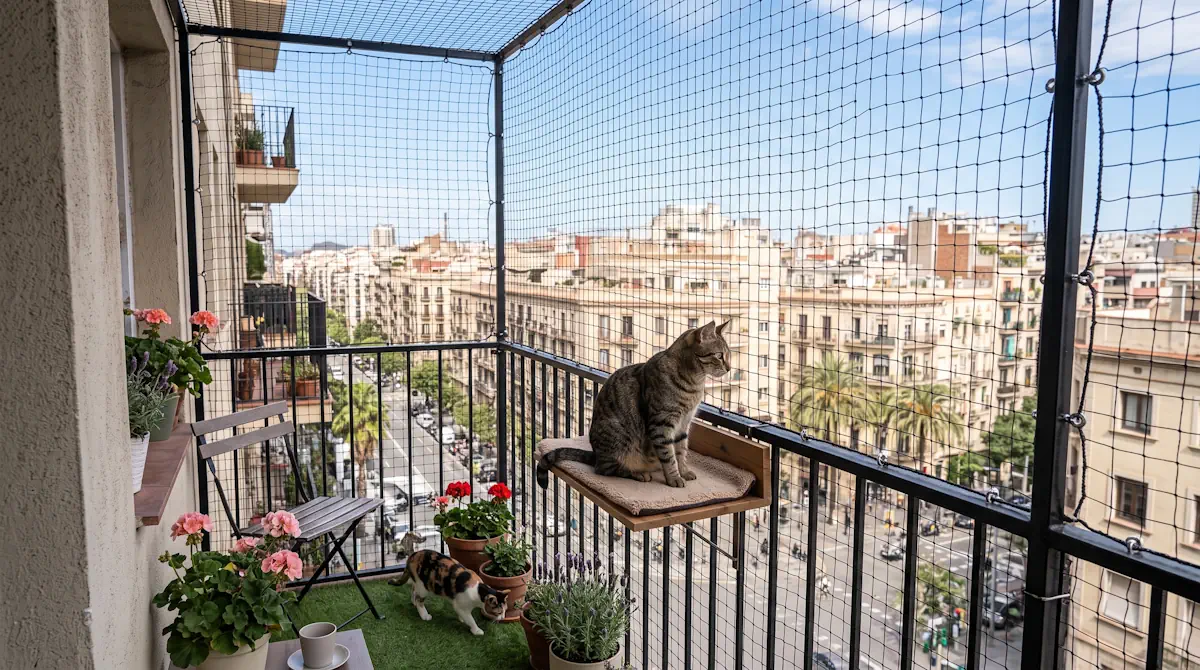 Red de protección instalada en un balcón para prevenir el síndrome del gato paracaidista