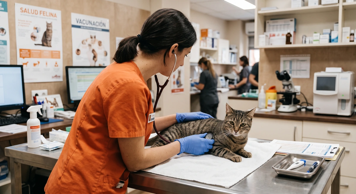 Nuestro equipo veterinario revisando un felino tras sobrevivir al síndrome del gato paracaidista