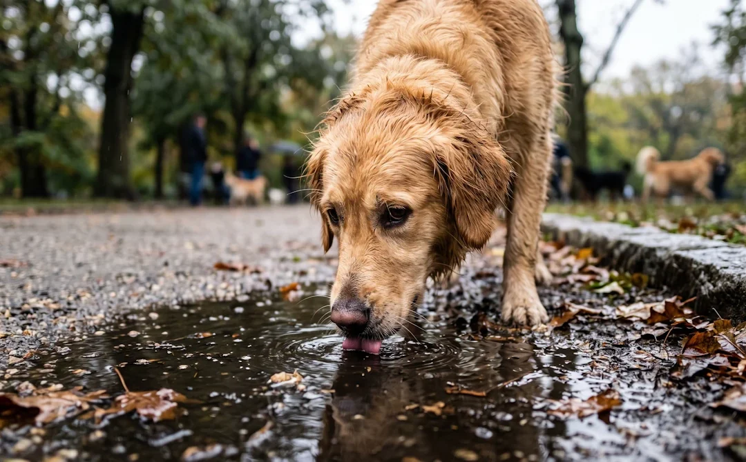 Mi perro bebe agua de los charcos durante el paseo de otoño